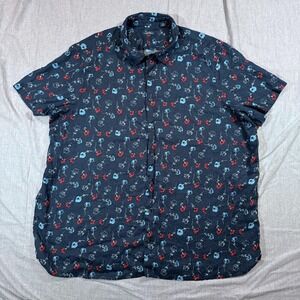 Perry Ellis Shirt Mens 3X Navy‎ Blue Floral Linen Button Up Short Sleeve Summer
